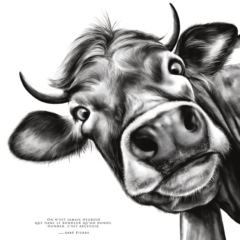 Affiche vache illustrant la générosité - citation de l'Abbé Pierre
