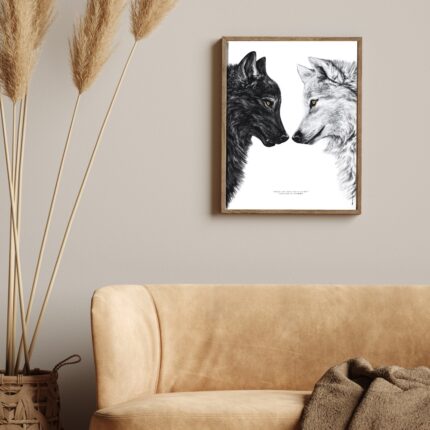 La légende des 2 loups, ce conflit entre notre côté obscur (loup noir) et la zone lumineuse, empreinte d'amour (blanc). Existe en affiche 30 X 40 cm et 50 X 70 cm.