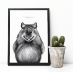 Dessin de capybara accompagné d'un proverbe chinois : "on est pas responsable de la tête qu'on a, mais de la tête qu'on fait". Disponible en affiche 30 X 40 cm. Dessin de Marjorie Esquerre pour Décopositive