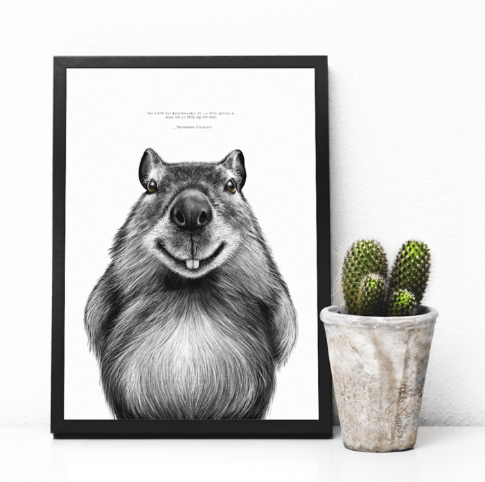 Dessin de capybara accompagné d'un proverbe chinois : "on est pas responsable de la tête qu'on a, mais de la tête qu'on fait". Disponible en affiche 30 X 40 cm. Dessin de Marjorie Esquerre pour Décopositive