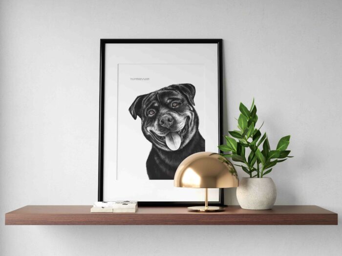 Dessin d'un Rottweiler réalisé par Marjorie Esquerre portant une citation positive et inspirante - disponible en affiche / poster format 30 X 40 cm