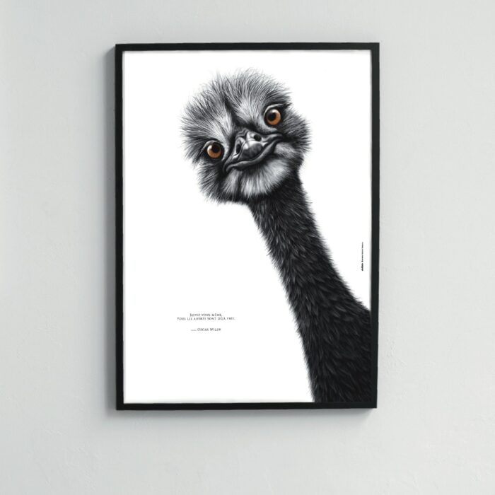 dessin d'une autruche réalisé par Marjorie Esquerre - associé à la citation d'Oscar Wilde : Soyez-vous même tous les autres sont déjà pris - tous droits réservés