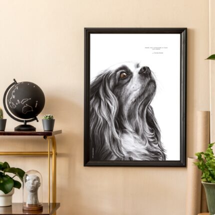 Dessin d'un cavalier king charles réalisé par Marjorie Esquerre portant une citation de Victor Hugo "Aimer, c'est savoir.." - disponible en affiche / poster