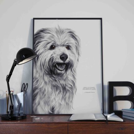 Affiche d’un labrit, berger des Pyrénées. Ce dessin est associé à une citation : « Aimer, c’est donner. Plus grand est le don, plus grand est l’amour. » - Dessin de Marjorie Esquerre pour decopositive - tous droits réservés