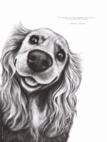 Dessin d'un cocker associé à la citation : « N’attendez pas d’être heureux pour sourire, souriez pour être heureux » – Edward L. Kramer - Dessin de Marjorie Esquerre