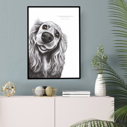 Dessin d'un cocker associé à la citation : « N’attendez pas d’être heureux pour sourire, souriez pour être heureux » – Edward L. Kramer - Dessin de Marjorie Esquerre - Tous droits réservés