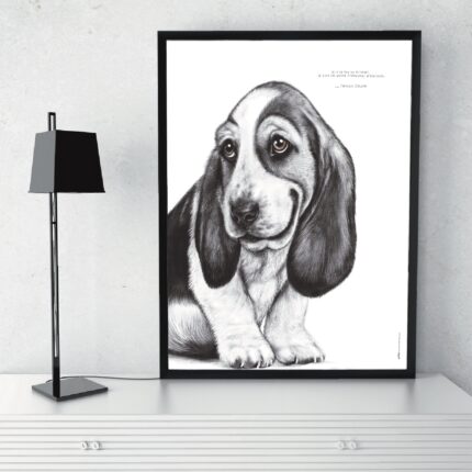 Affiche Basset Hound 30 x 40 cm avec citation drôle : « Je n'ai pas la flemme, je suis en mode économie d'énergie ». Une illustration originale et amusante.
