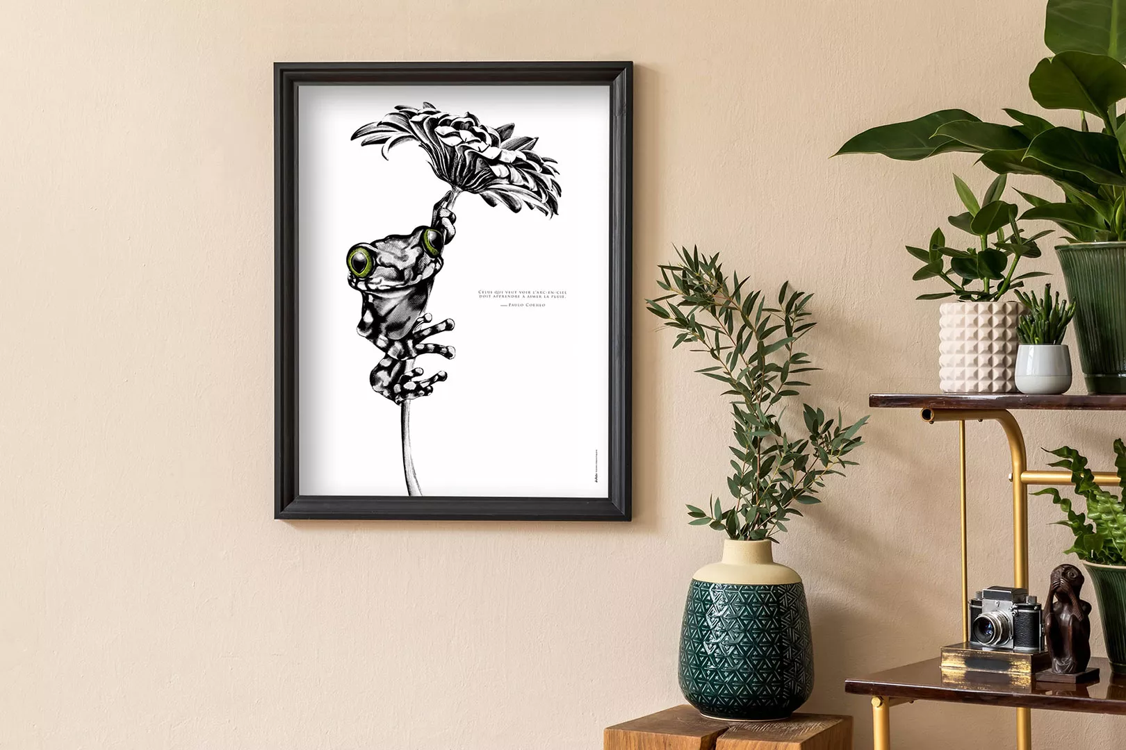 La grenouille "la pluie" Affiche grenouille - dessin illustrant une citation sur le renouveau