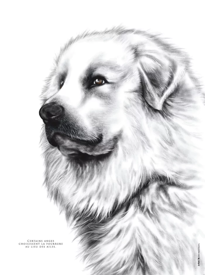 affiche-dessin-patou-pyrenees Affiche chien Patou - dessin portant la citation : "Certains anges choisissent la fourrure au lieu des ailes" - affiche format 30 X 40 cm