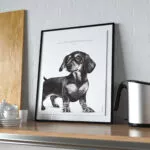 L'Affiche Le Teckel illustre une citation de Coluche : «  Dans la vie, y'a pas de grands, y'a pas de petits. La bonne longueur pour les jambes, c'est quand les pieds touchent par terre."