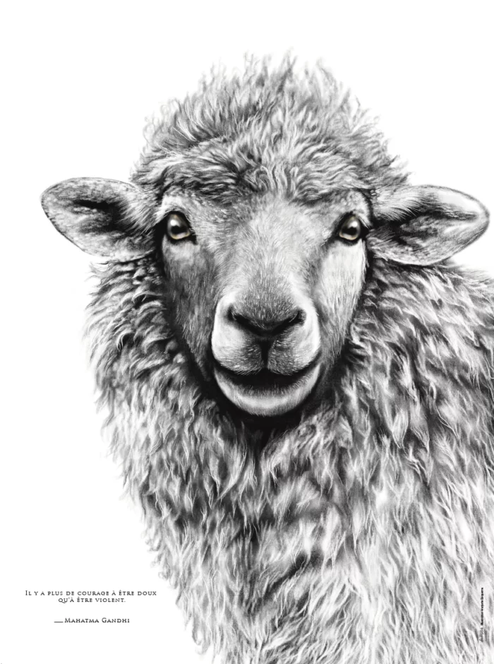 Affiche brebis format 30 X 40 cm portant une citation de gandhi sur la douceur - dessin de Marjorie Esquerre