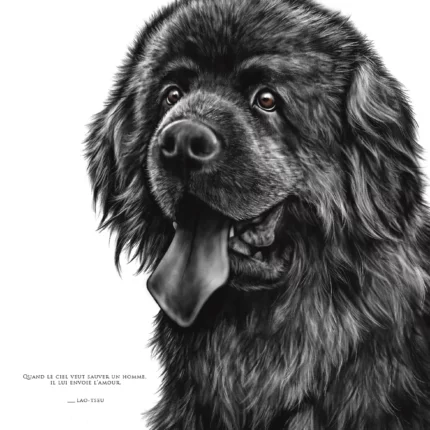 Affiche chien Terre Neuve, dessin portant la citation de Lao tseu: "Quand le ciel veut sauver un homme, il lui envoie l'amour"? Dessin M.Esquerre