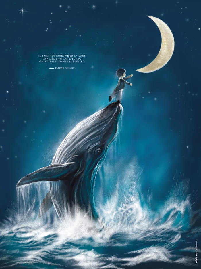 affiche-chambre-enfant-objectif-lune-decopositive27 à 12.15.57 Affiche portant la citation d'Oscar. Wilde : "il faut toujours viser la lune car même en cas d'échec, on atterrit au milieu des étoiles"- Idéale en décoration de chambre d'enfant