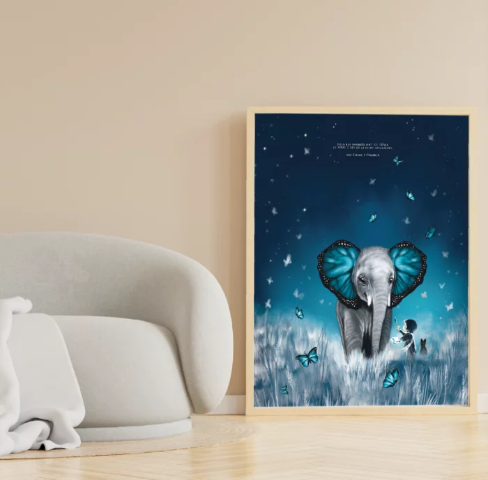 affiche-les-ailes-elephant-decopositive affiche Les ailes d'éléphant - création Marjorie Esquerre pour décopositive - affiche pour décoration de chambre d'enfant