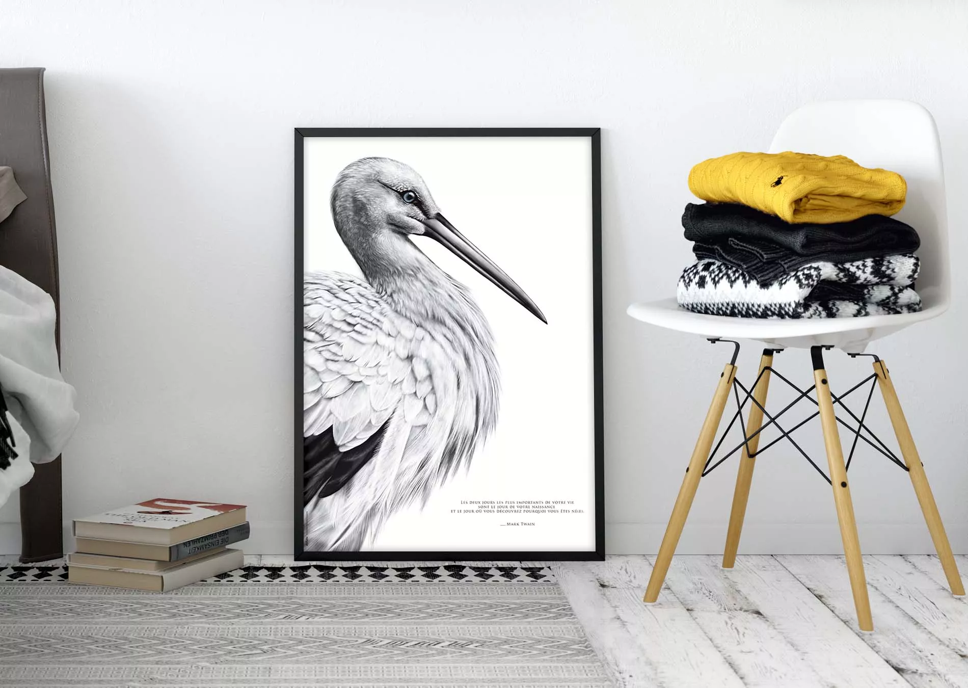 Dessin de cigogne accompagné d'une citation de Mark Twain sur la naissance et la mission de vie - disponible en affiche 30 X 40 cm - création de Marjorie Esquerre