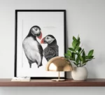 Dessin d'un couple de macareux accompagné d'une citation sur l'amour éternel de Marcelle Auclair. Disponible en affiche 30 X 40 cm.