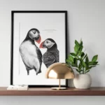 Dessin d'un couple de macareux accompagné d'une citation sur l'amour éternel de Marcelle Auclair. Disponible en affiche 30 X 40 cm.