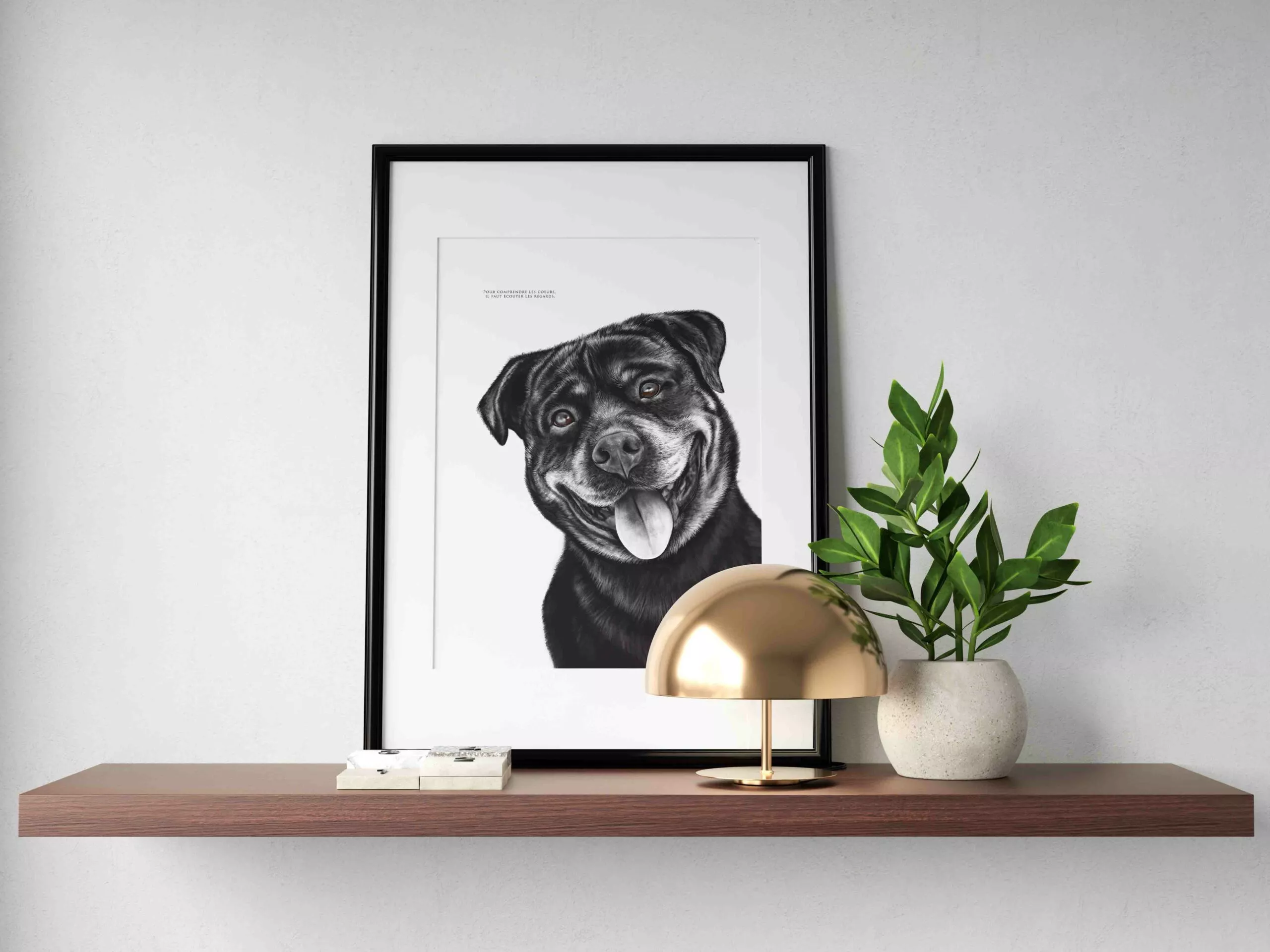 Dessin Rotweiler - affiche Décopositive Dessin d'un Rottweiler réalisé par Marjorie Esquerre portant une citation positive et inspirante - disponible en affiche / poster format 30 X 40 cm