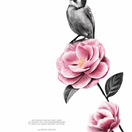Poster d'un Oiseau - Dessin d'un moineau portant une citation de Paulo Coelho : "les choses simples sont aussi les choses les plus extraordinaires..." Tous droits réservés - dessin de Marjorie Esquerre