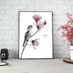 Affiche Oiseau - Dessin d'un pinson portant une citation de Spinoza : "Je ne chante pas parce que je suis heureux, je suis heureux parce que je chante".