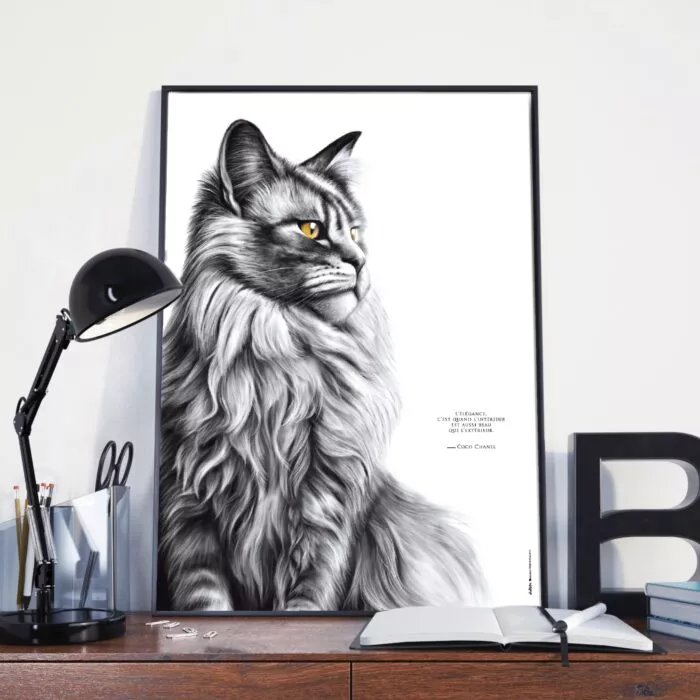 Dessin d'un chat associé à la citation de Coco Chanel : « L’élégance, c’est quand l’intérieur est aussi beau que l’extérieur." Dessin de Marjorie Esquerre pour Décopositive - Tous droits réservés