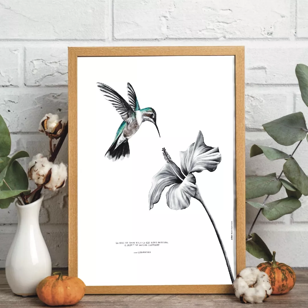 Dessin d'un colibri associé à une citation sur la joie de Confucius "La joie est dans tout ce qui nous entoure, il suffit de savoir l’extraire" - dessin de Marjorie Esquerre pour Décopositive - tous droits réservés