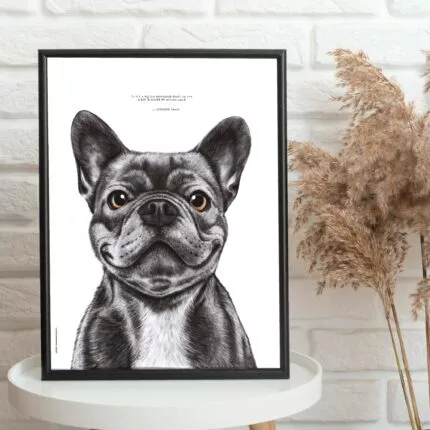 Dessin d'un bouledogue français réalisé par Marjorie Esquerre portant une citation de George Sand