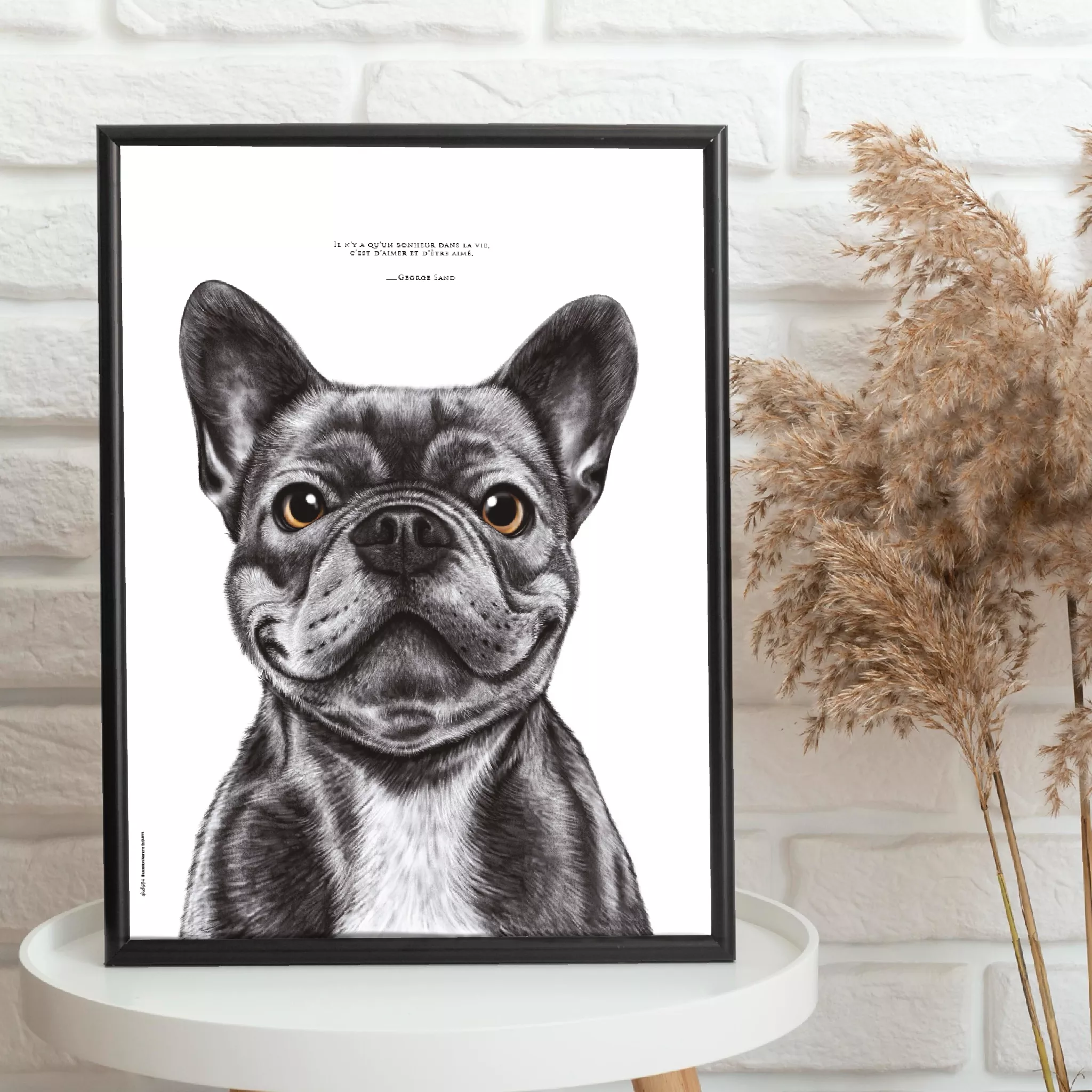 affiche-bouledogue Dessin d'un bouledogue français réalisé par Marjorie Esquerre portant une citation de George Sand