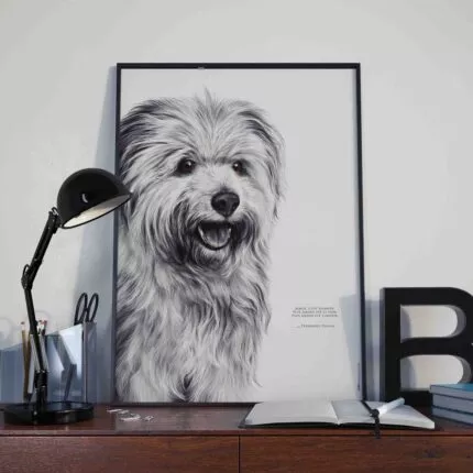 Affiche d’un labrit, berger des Pyrénées. Ce dessin est associé à une citation : « Aimer, c’est donner. Plus grand est le don, plus grand est l’amour. » - Dessin de Marjorie Esquerre pour decopositive - tous droits réservés