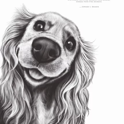 Dessin d'un cocker associé à la citation : « N’attendez pas d’être heureux pour sourire, souriez pour être heureux » – Edward L. Kramer - Dessin de Marjorie Esquerre