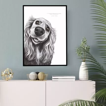 Dessin d'un cocker associé à la citation : « N’attendez pas d’être heureux pour sourire, souriez pour être heureux » – Edward L. Kramer - Dessin de Marjorie Esquerre - Tous droits réservés