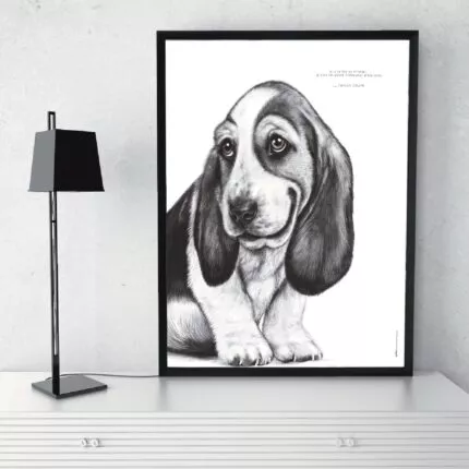 Affiche Basset Hound 30 x 40 cm avec citation drôle : « Je n'ai pas la flemme, je suis en mode économie d'énergie ». Une illustration originale et amusante.