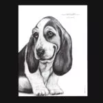 Affiche Basset Hound 30 x 40 cm avec citation drôle : « Je n'ai pas la flemme, je suis en mode économie d'énergie ». Une illustration originale et amusante.
