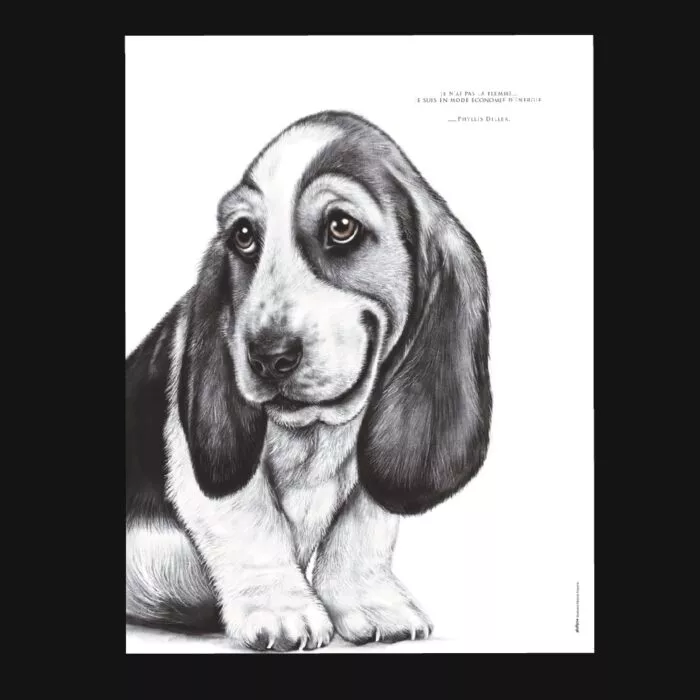 Affiche Basset Hound 30 x 40 cm avec citation drôle : « Je n'ai pas la flemme, je suis en mode économie d'énergie ». Une illustration originale et amusante.